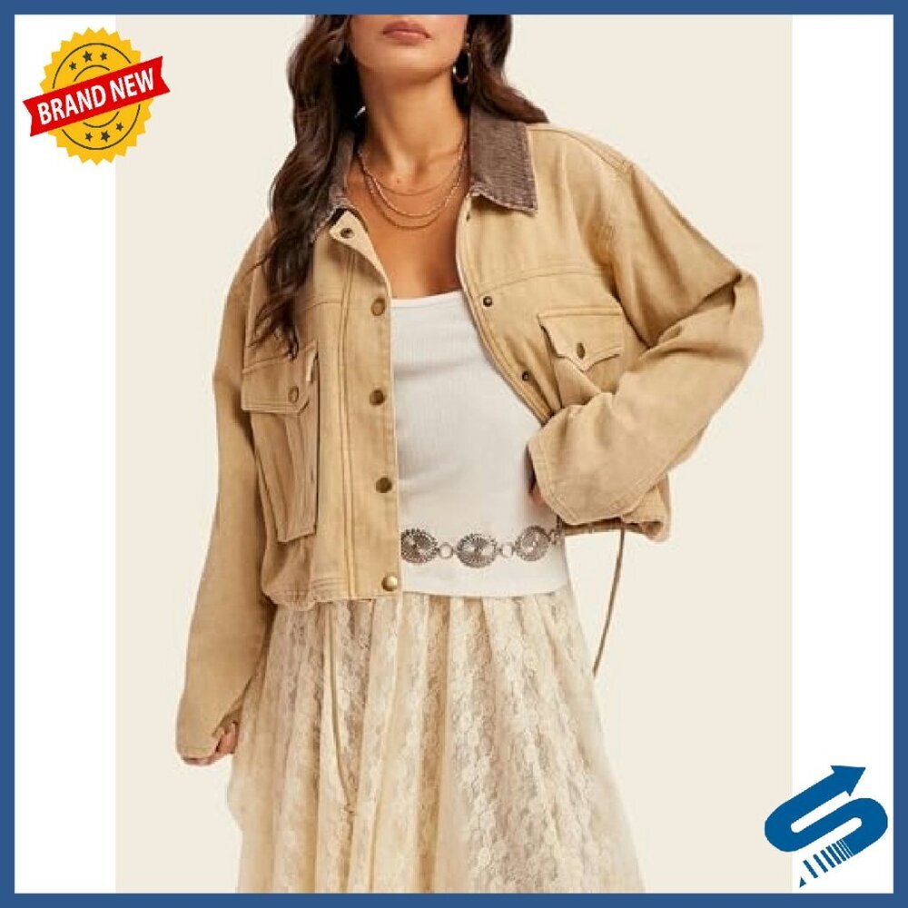 Cropped Button Down Jacket with Corduroy Lapel Pockets Long Sleeve - Picture 7 of 8